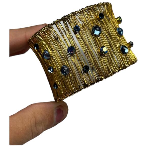 Textured Wire Cuff Bracelet with Blue Crystal Accents - Picture 3 of 11